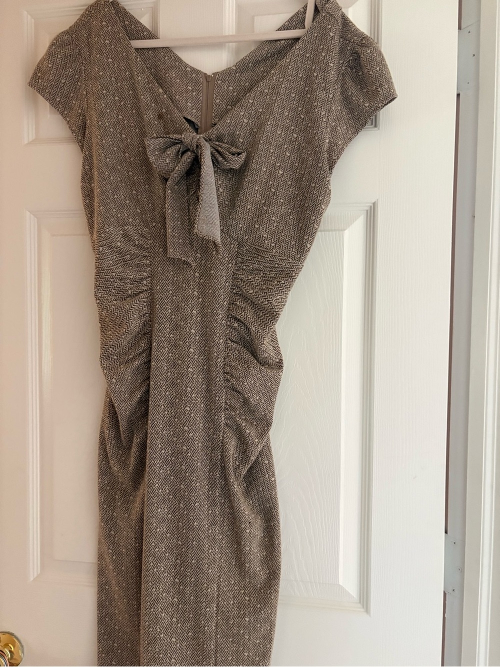Stop Staring Taupe Textured Cap-Sleeve Midi Dress with Front Bow
